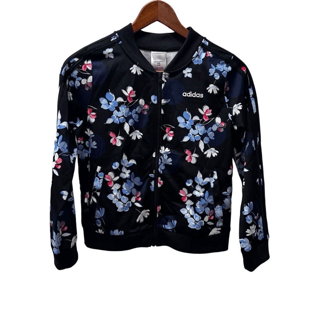 Adidas Navy Floral Zippered Track Lightweight Jacket Youth/Girls Size Large